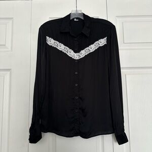 The Kooples Women’s Black V-Shaped Lace-Trim Button Down Shirt - Size M (2)